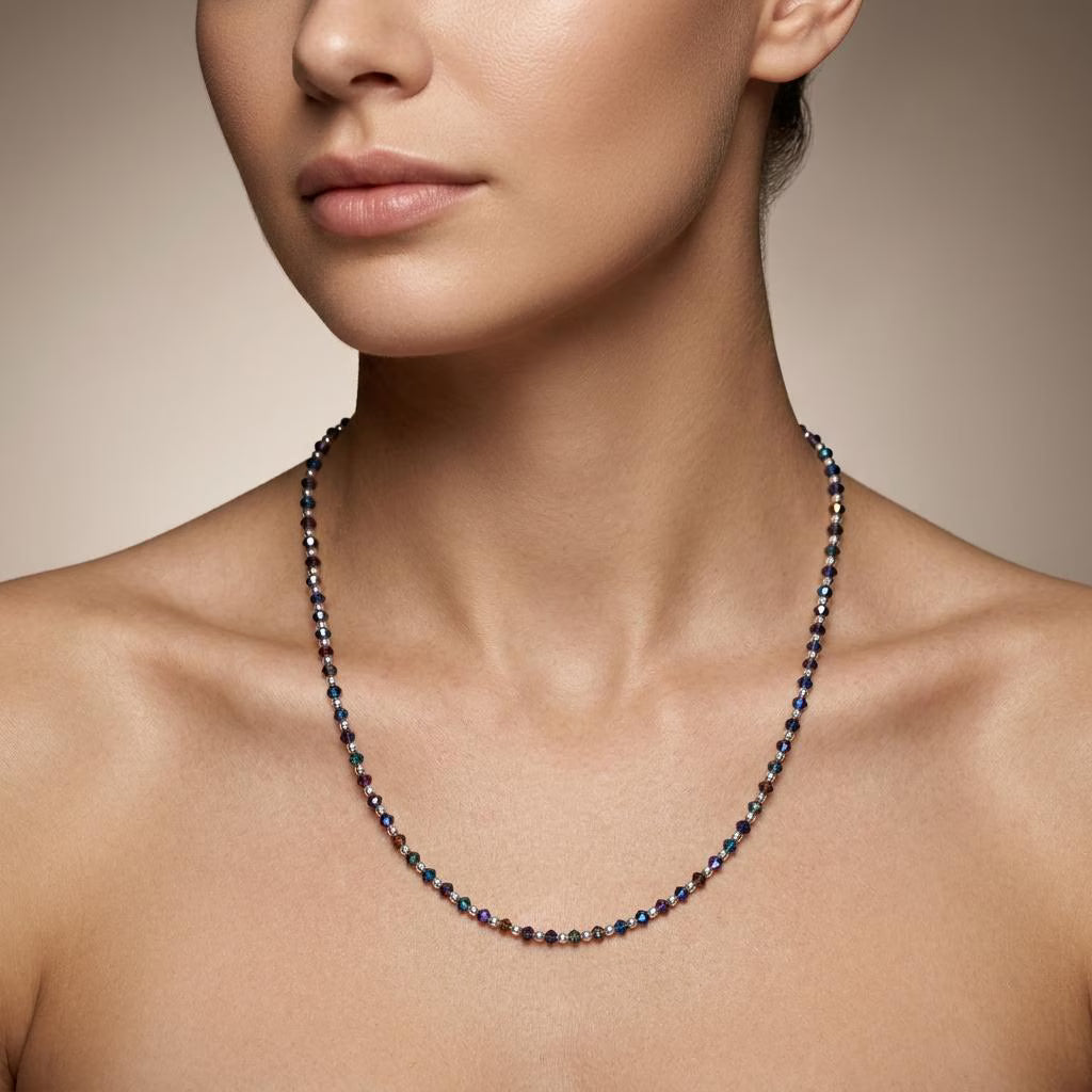 Natural Black Spinel Blue Mystic Coated Beaded Charm Necklace | Handmade Dark Gemstone Necklace for Women | Statement Gift