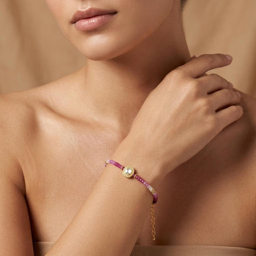 Natural Shaded Ruby & Diamond Beaded Bracelet 8 Inch | Handmade Gradient Gemstone Bracelet for Women | July Birthstone Luxury Gift