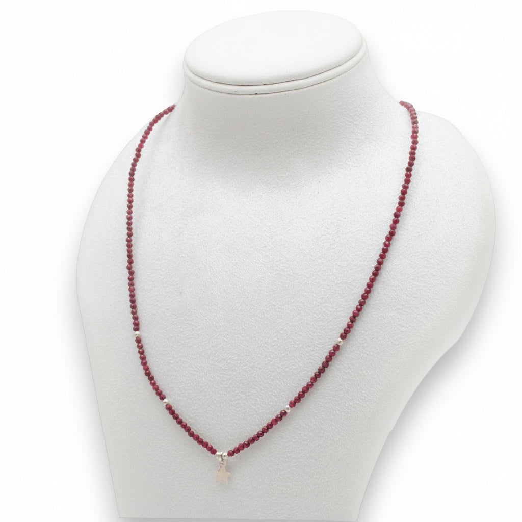 Kanika Creations natural ruby beaded sterling silver chain necklace with star charm, 18 inches, for women.