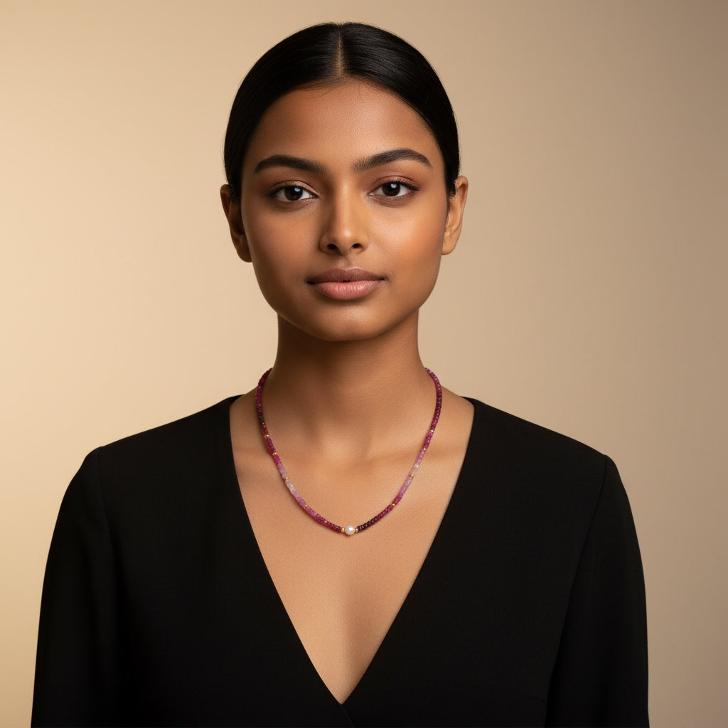 Kanika Creations natural shaded ruby rondelle faceted beaded necklace with pearl, 18 inches, sterling silver.