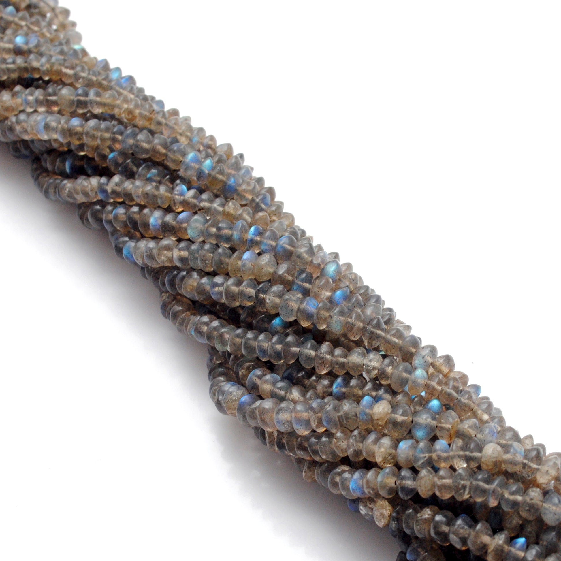 Labradorite button beads - close-up smooth flat disc flash