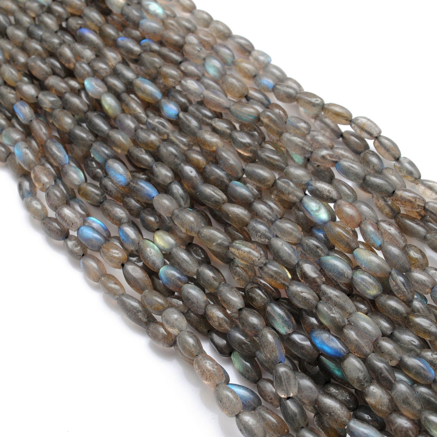Labradorite drum beads mixed sizes - side profile flash view