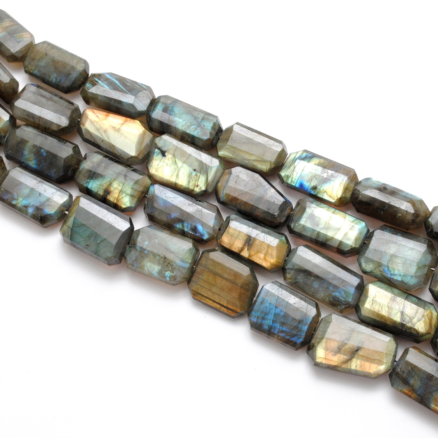 Labradorite octagon beads - close-up eight-sided flash faceted