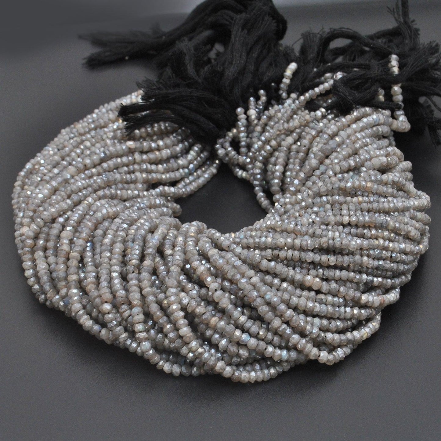 Labradorite rondelle beads - close-up labradorescence color flash