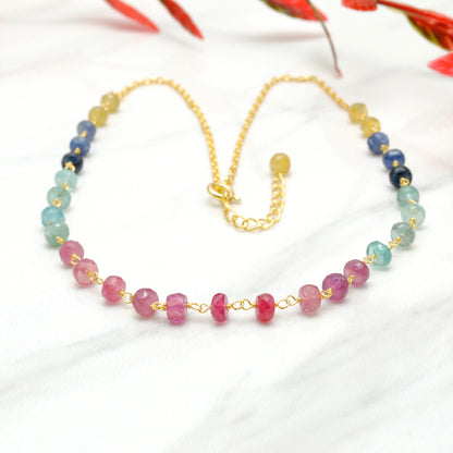 Multi-Color Sapphire 5mm Gold-Plated Strand Necklace - Styled Neck View