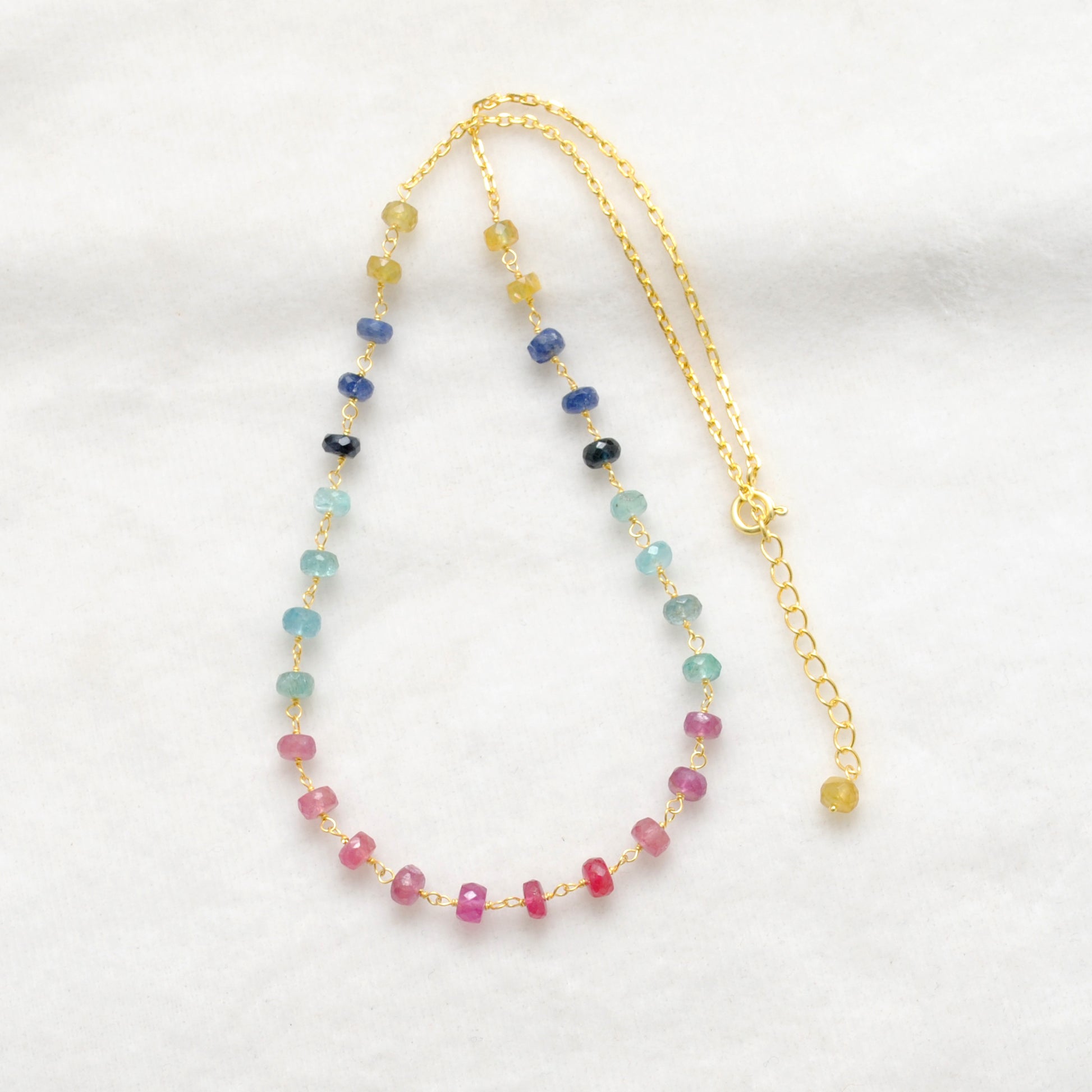 Multi Sapphire 5mm Gold Strand Necklace - Side Profile Rainbow