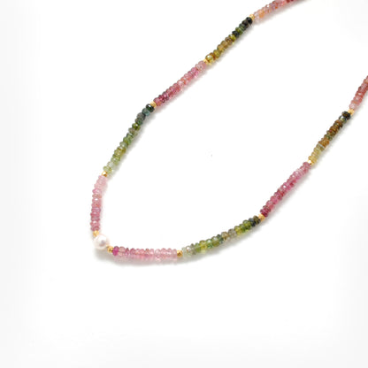 Multi Tourmaline Rainbow Gemstone Gold Necklace - Side Profile