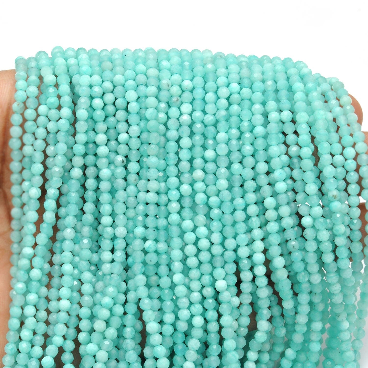 Natural amazonite round beads strand - overhead flat lay boho