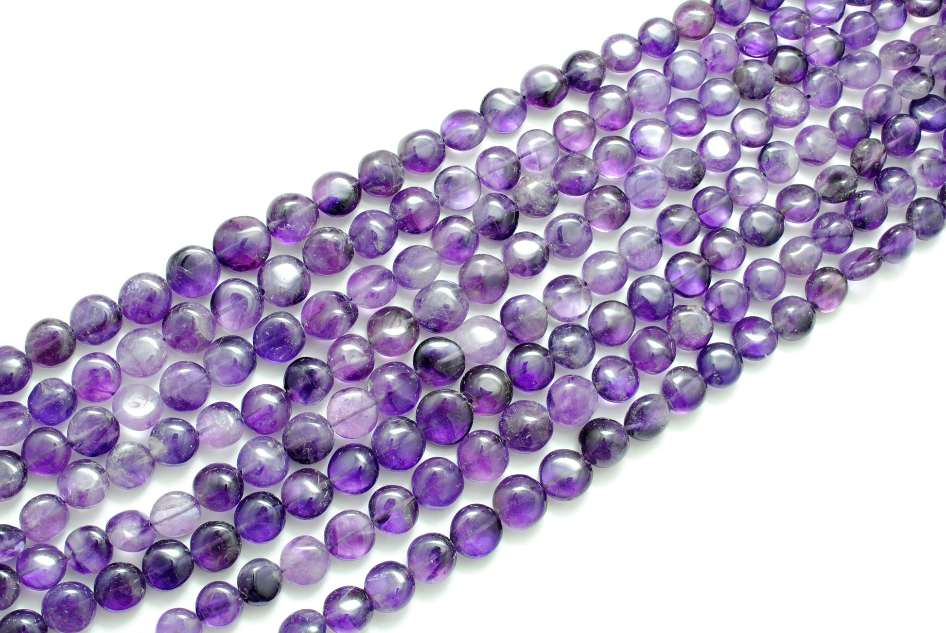 Natural amethyst coin beads 10-11mm 16 inch strand - front view large