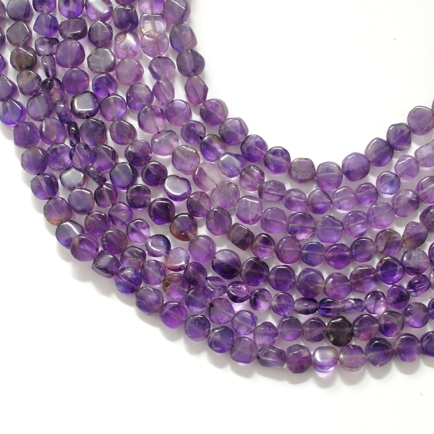 Natural amethyst coin beads 6-7mm 16 inch strand - front view center drilled