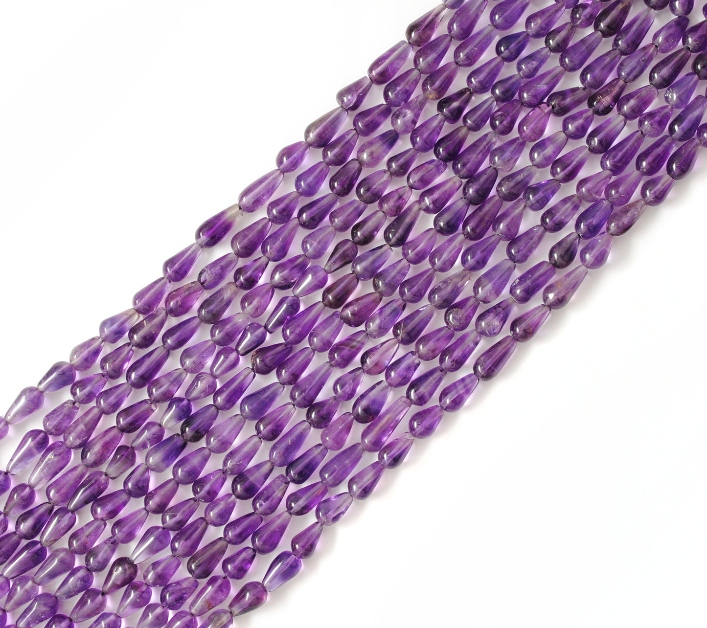 Natural amethyst drop beads 5x8mm strand - overhead flat lay