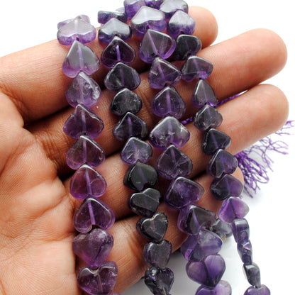 Natural amethyst heart beads 16 inch strand - overhead flat lay
