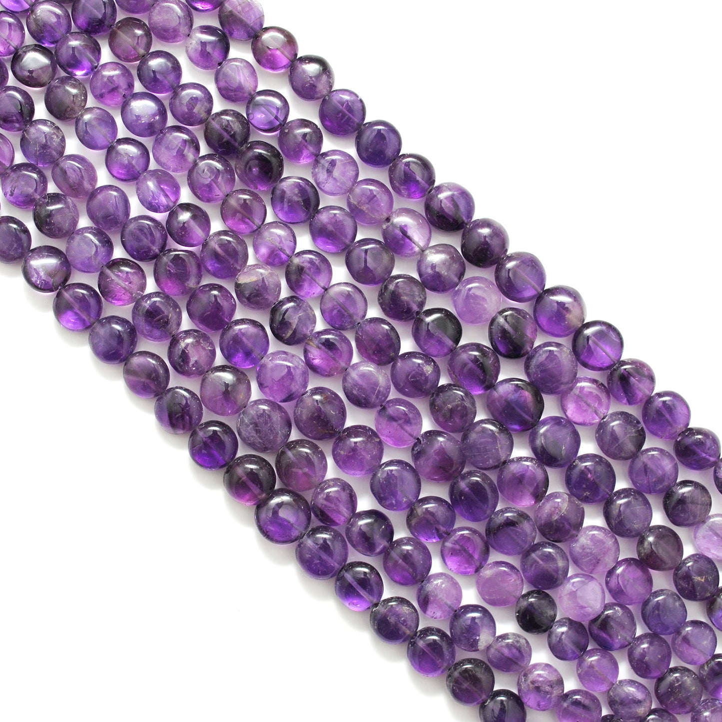 Natural amethyst large coin beads 16 inch strand - overhead flat lay