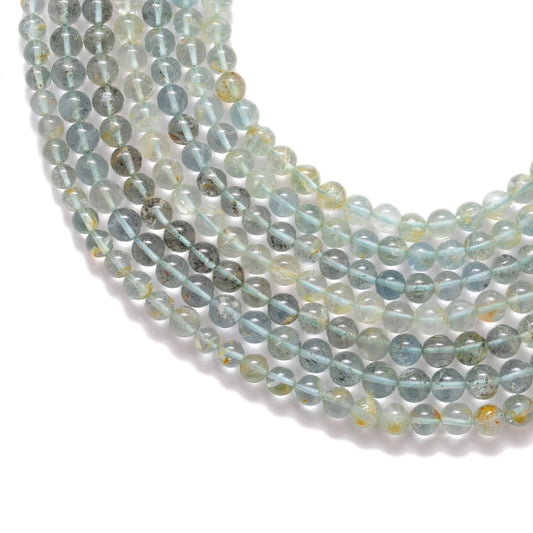 Natural aquamarine smooth round beads 7-9mm - front view blue-green strand