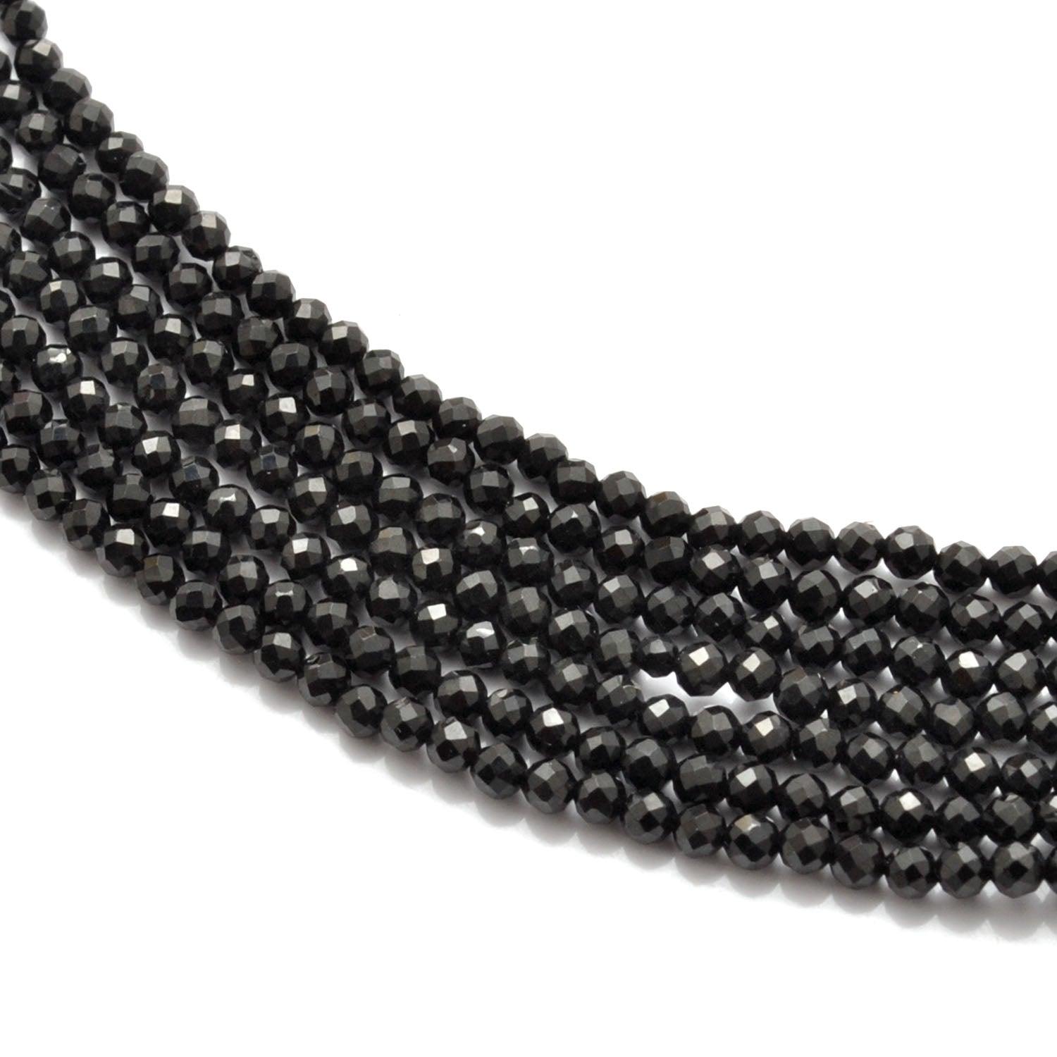 Natural black spinel round faceted beads strand - front view jet black
