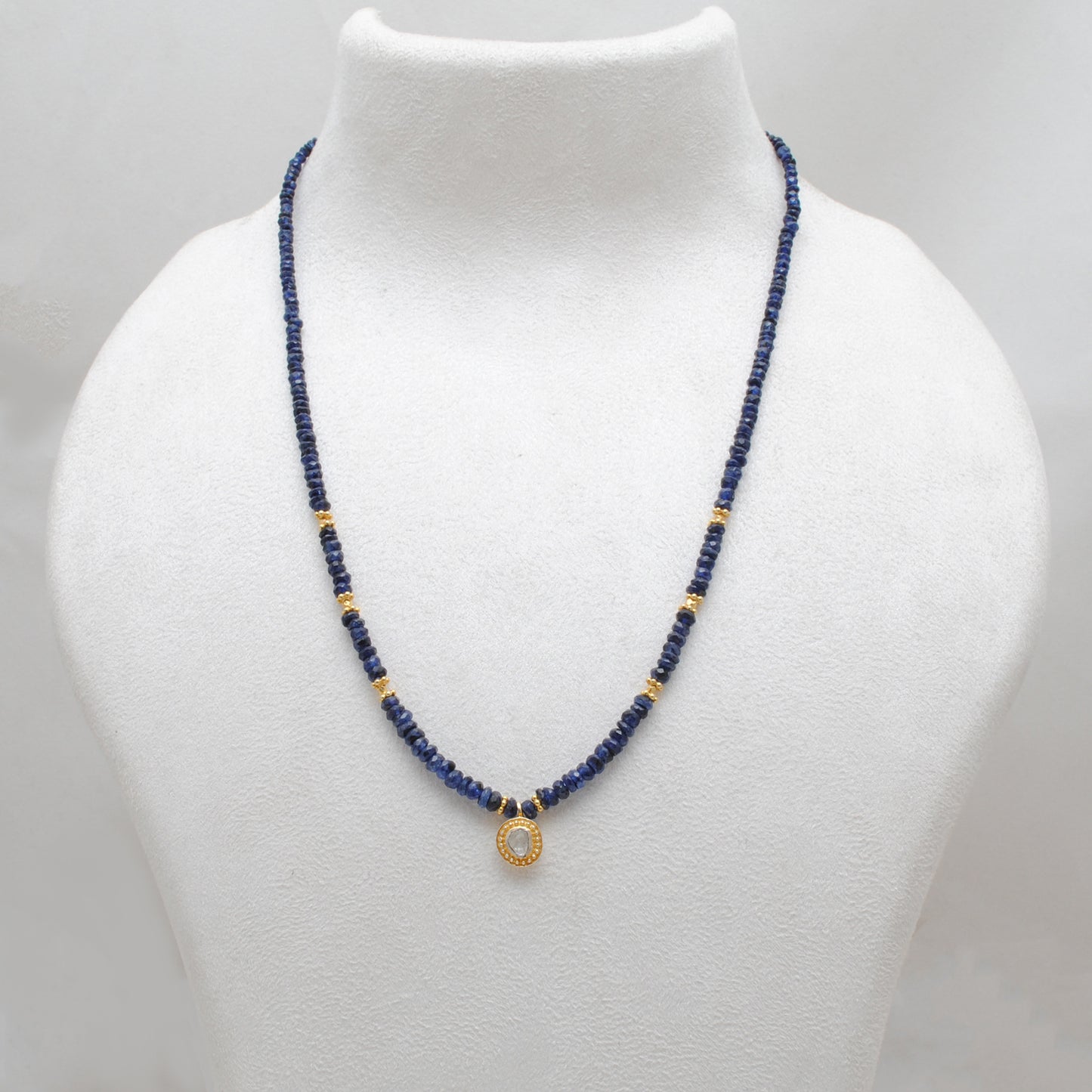 Natural Blue Sapphire Beaded Necklace with Rose Cut Diamond Pendant - Front View