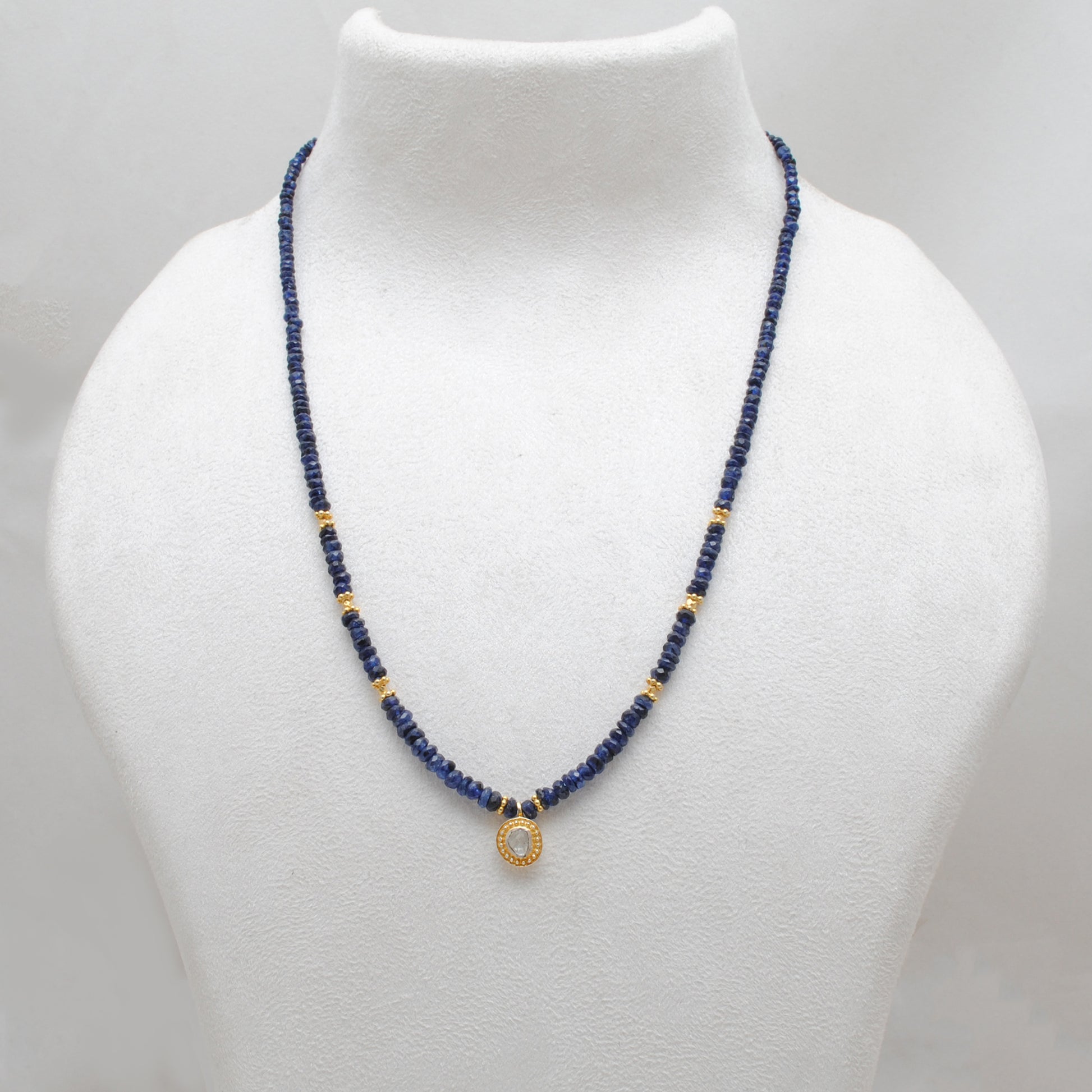 Natural Blue Sapphire Beaded Necklace with Rose Cut Diamond Pendant - Front View