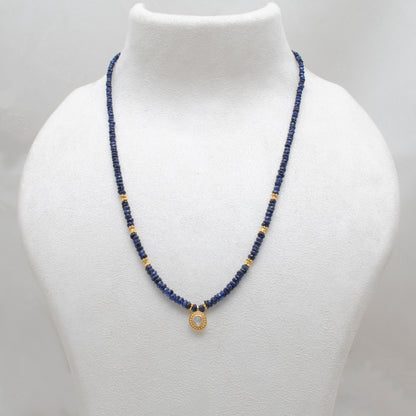 Natural Blue Sapphire Beaded Necklace with Rose Cut Diamond Pendant - Front View