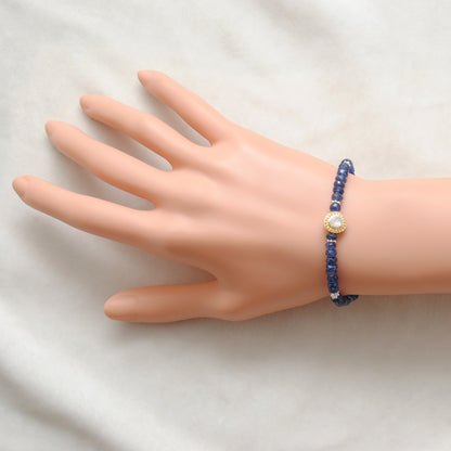 Natural Blue Sapphire Diamond Dainty Beaded Bracelet - Front View