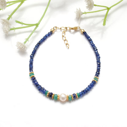 Natural Blue Sapphire Emerald Beaded Bracelet - Front View Handmade