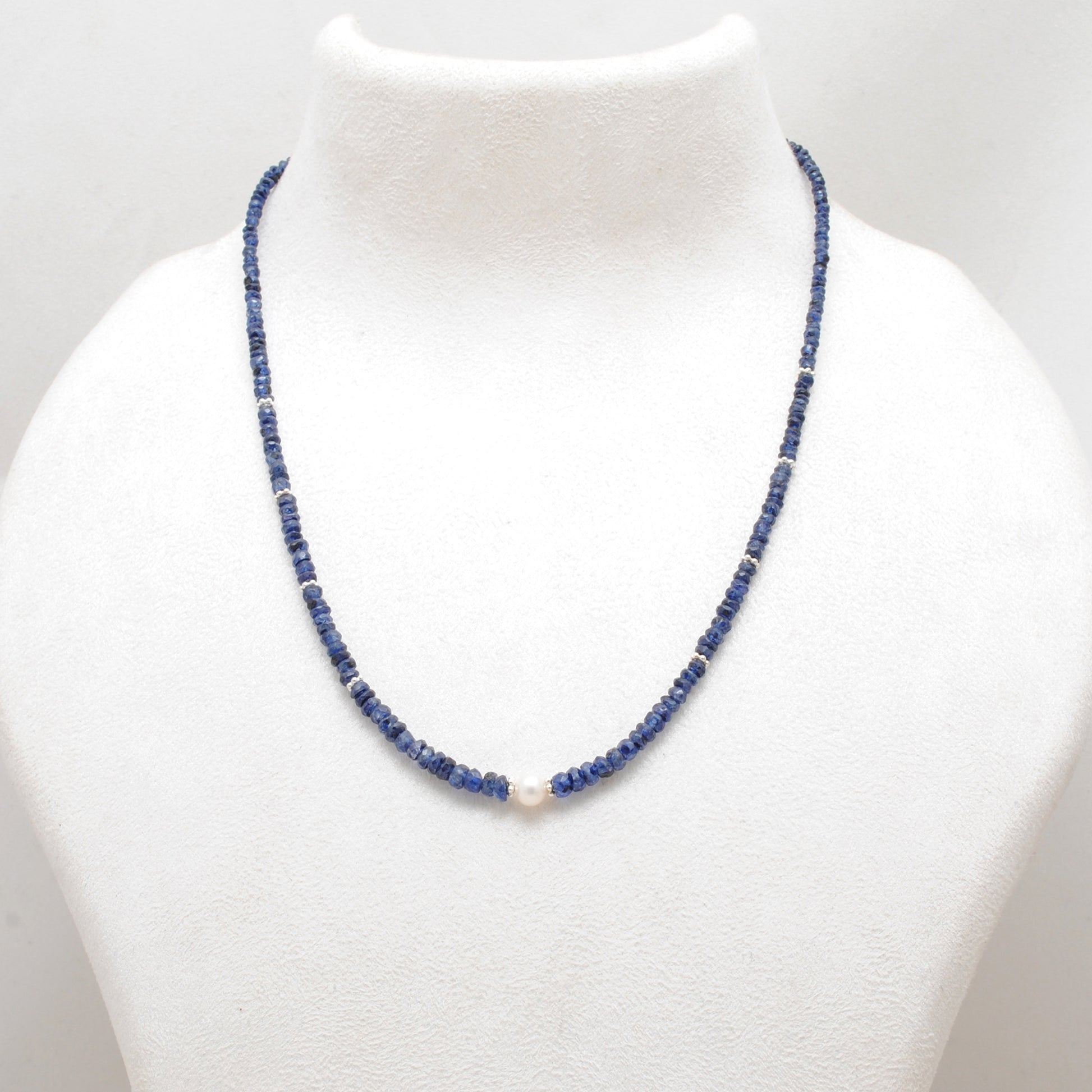 Natural Blue Sapphire Faceted Beaded Necklace - Front View Handmade