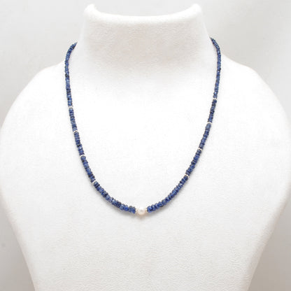 Natural Blue Sapphire Faceted Beaded Necklace - Front View Handmade