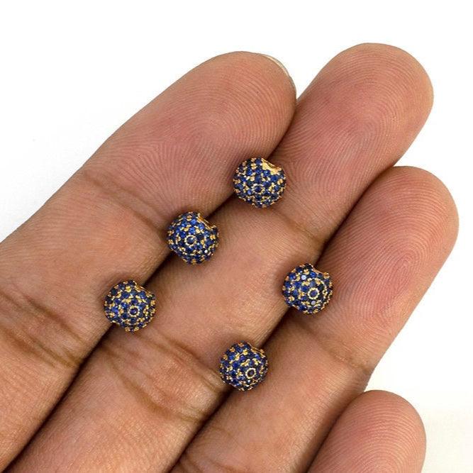 Natural Blue Sapphire Pavé 14K Solid Gold Ball Spacer Bead – Front View