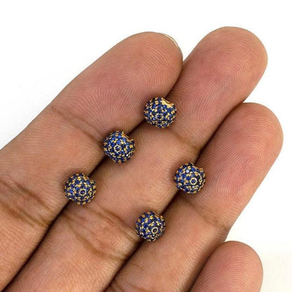 Natural Blue Sapphire Pavé 14K Solid Gold Ball Spacer Bead – Front View
