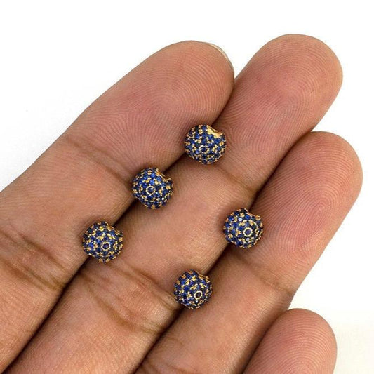 Natural Blue Sapphire Pavé 14K Solid Gold Ball Spacer Bead – Front View