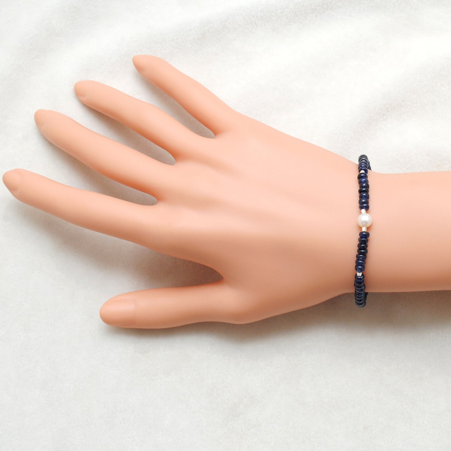 Natural Blue Sapphire Pearl Beaded Bracelet - Front View Handmade