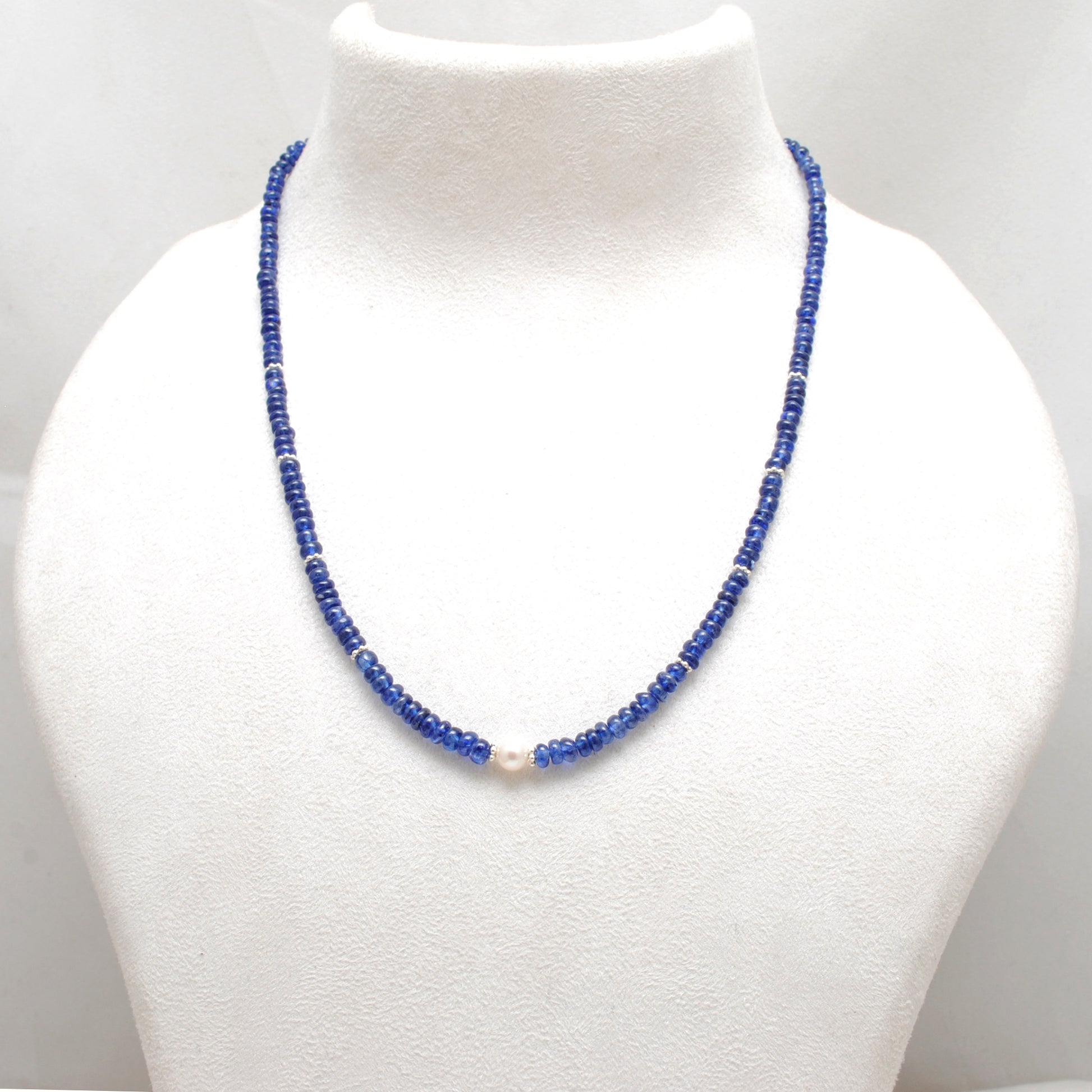 Natural Blue Sapphire Pearl Beaded Necklace - Front View Handmade