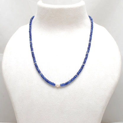 Natural Blue Sapphire Pearl Beaded Necklace - Front View Handmade