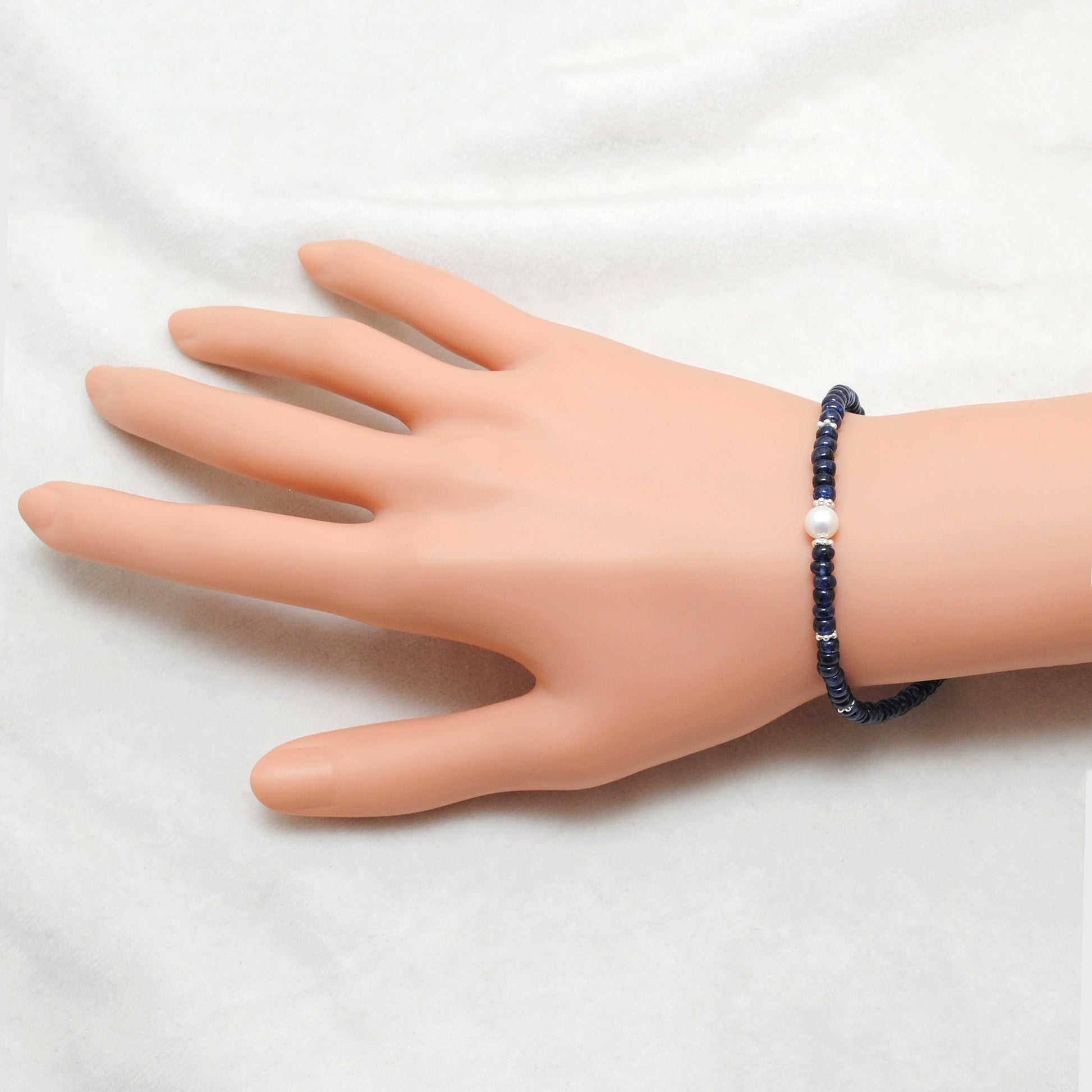 Natural Blue Sapphire Pearl Minimalist Beaded Bracelet - Front View
