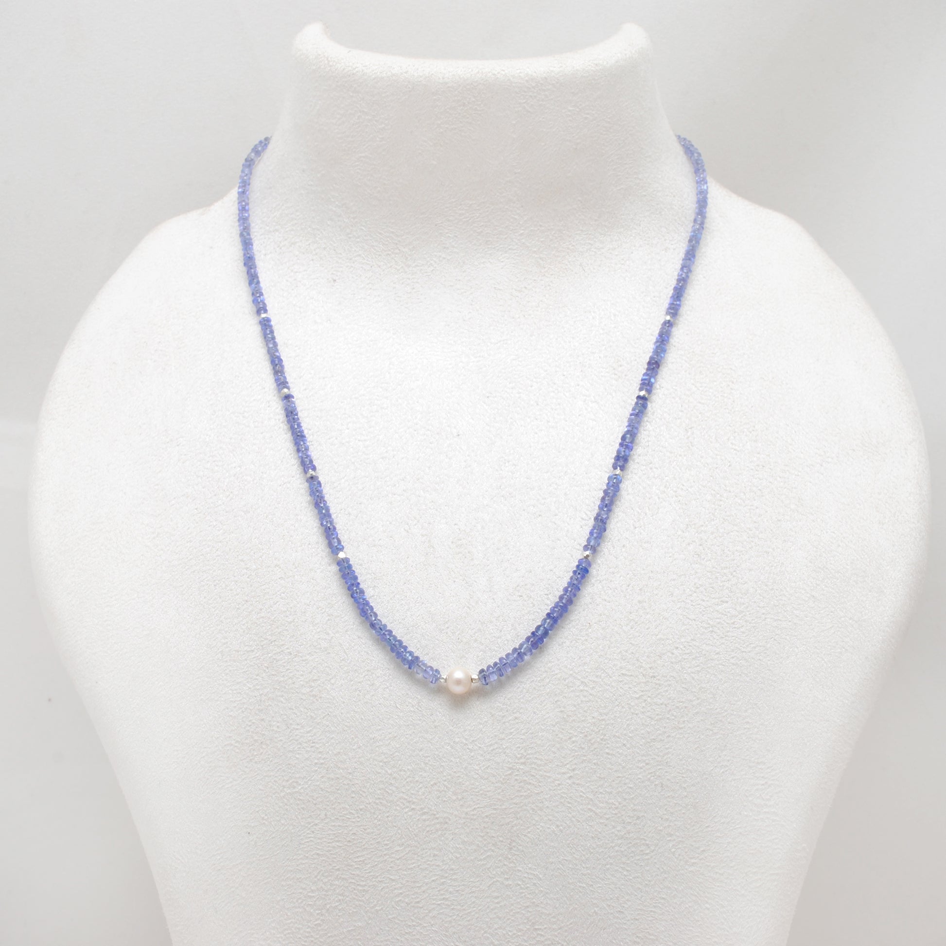 Natural Blue Tanzanite Pearl Beaded Necklace - Front View Handmade