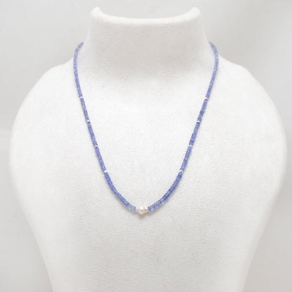 Natural Blue Tanzanite Pearl Beaded Necklace - Front View Handmade