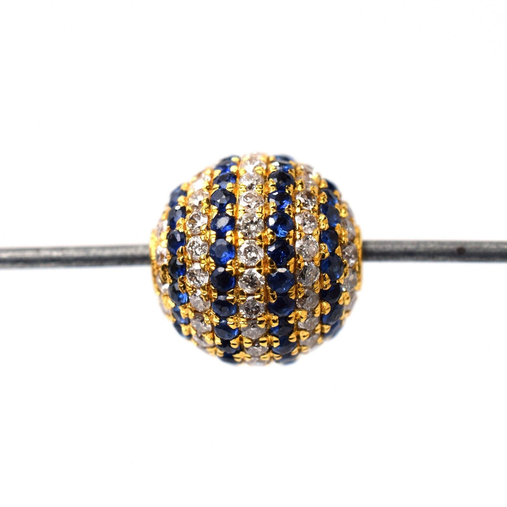 Natural Diamond Blue Sapphire Pavé 8mm Ball 14K Gold – Close-Up Detail