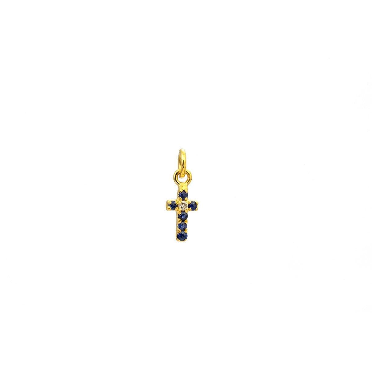 Natural Diamond Blue Sapphire Pavé Cross Charm – Close-Up Detail