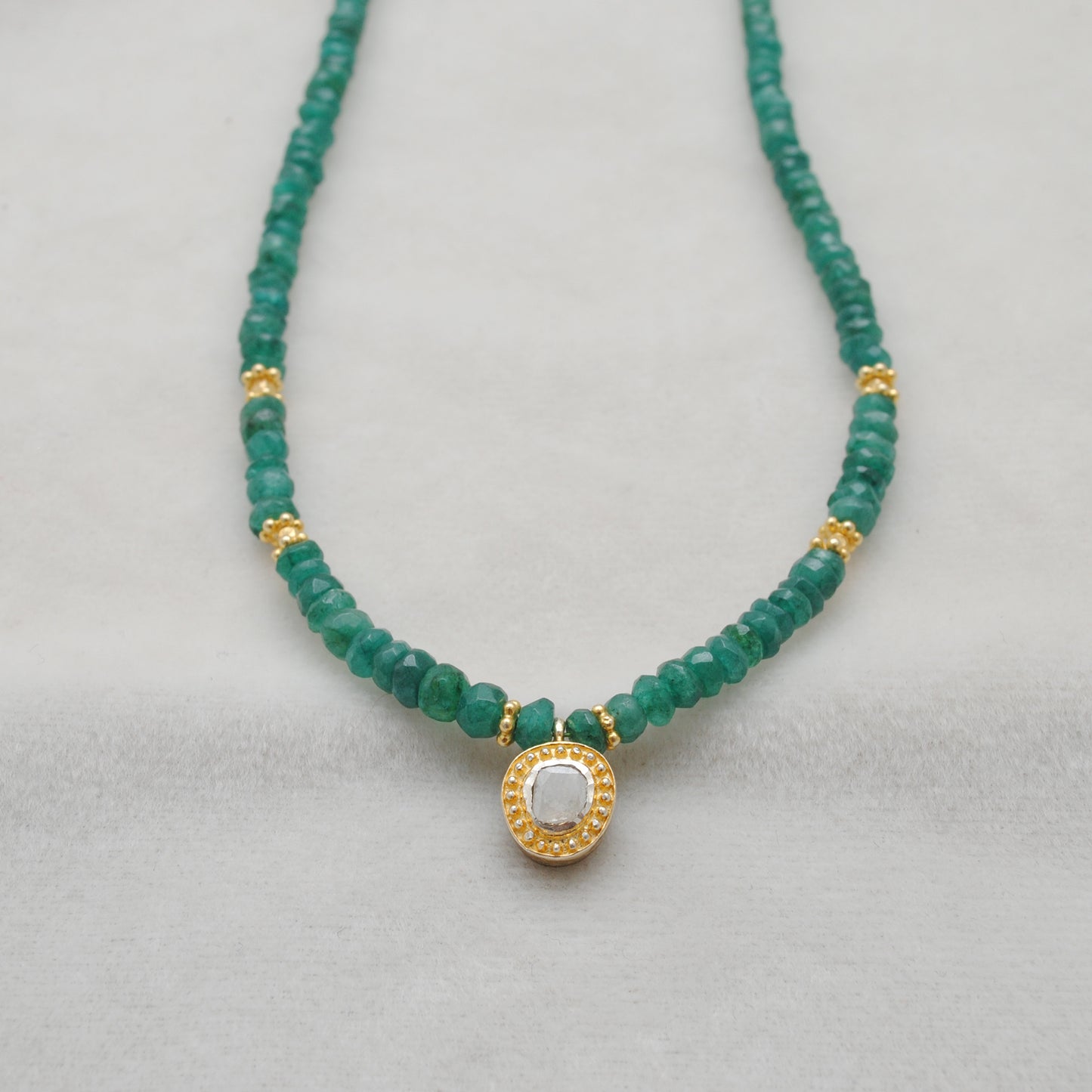 Natural Emerald Beaded Gold Necklace - Lifestyle Styled View