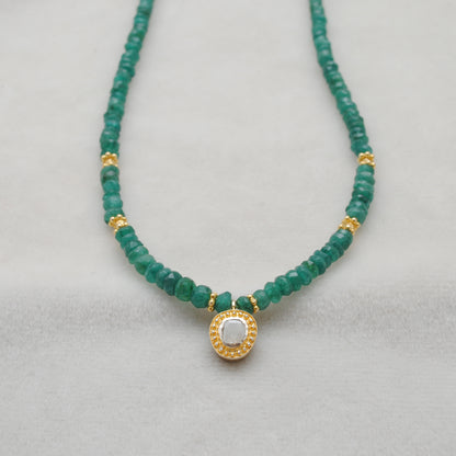 Natural Emerald Beaded Gold Necklace - Lifestyle Styled View