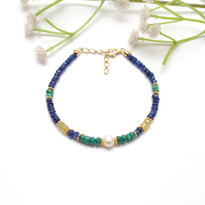 Natural Emerald Blue Sapphire Pearl Beaded Bracelet - Front View