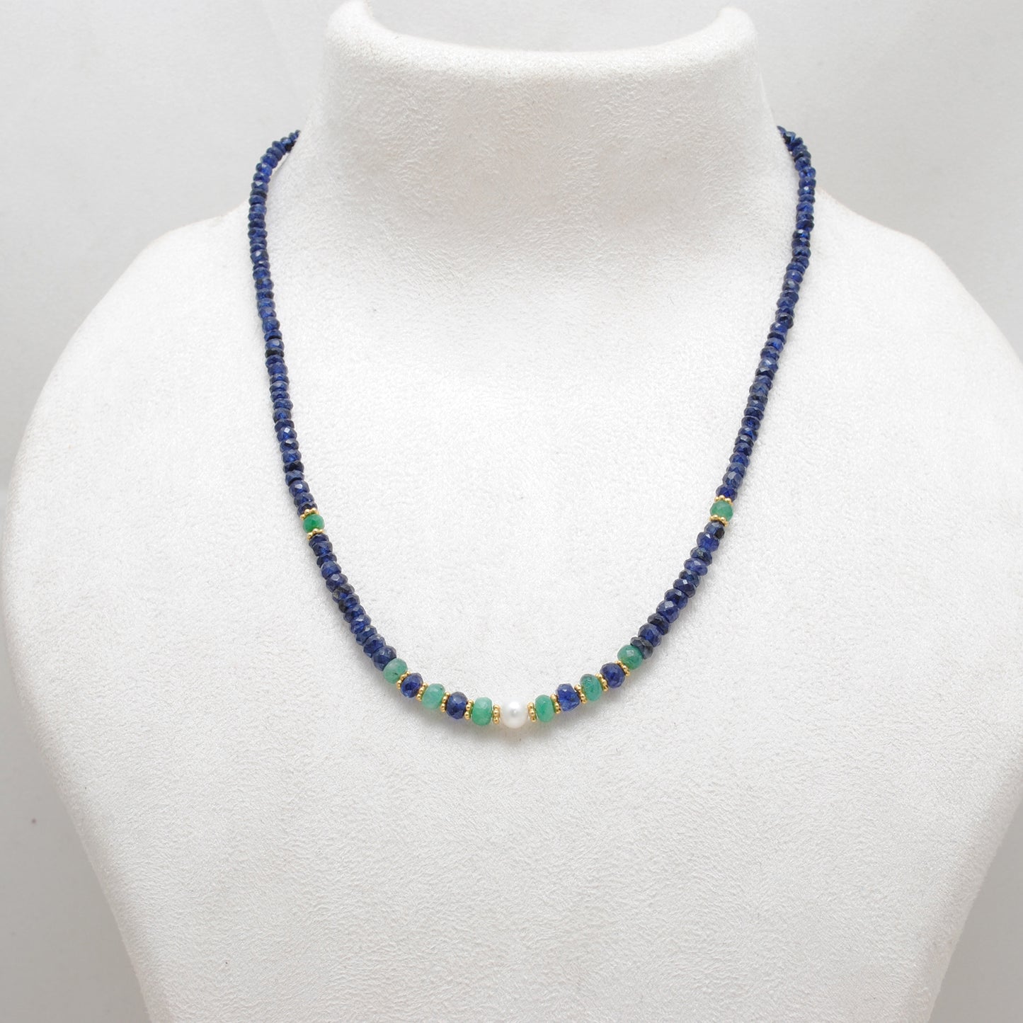 Natural Emerald Blue Sapphire Pearl Beaded Necklace - Front View Handmade