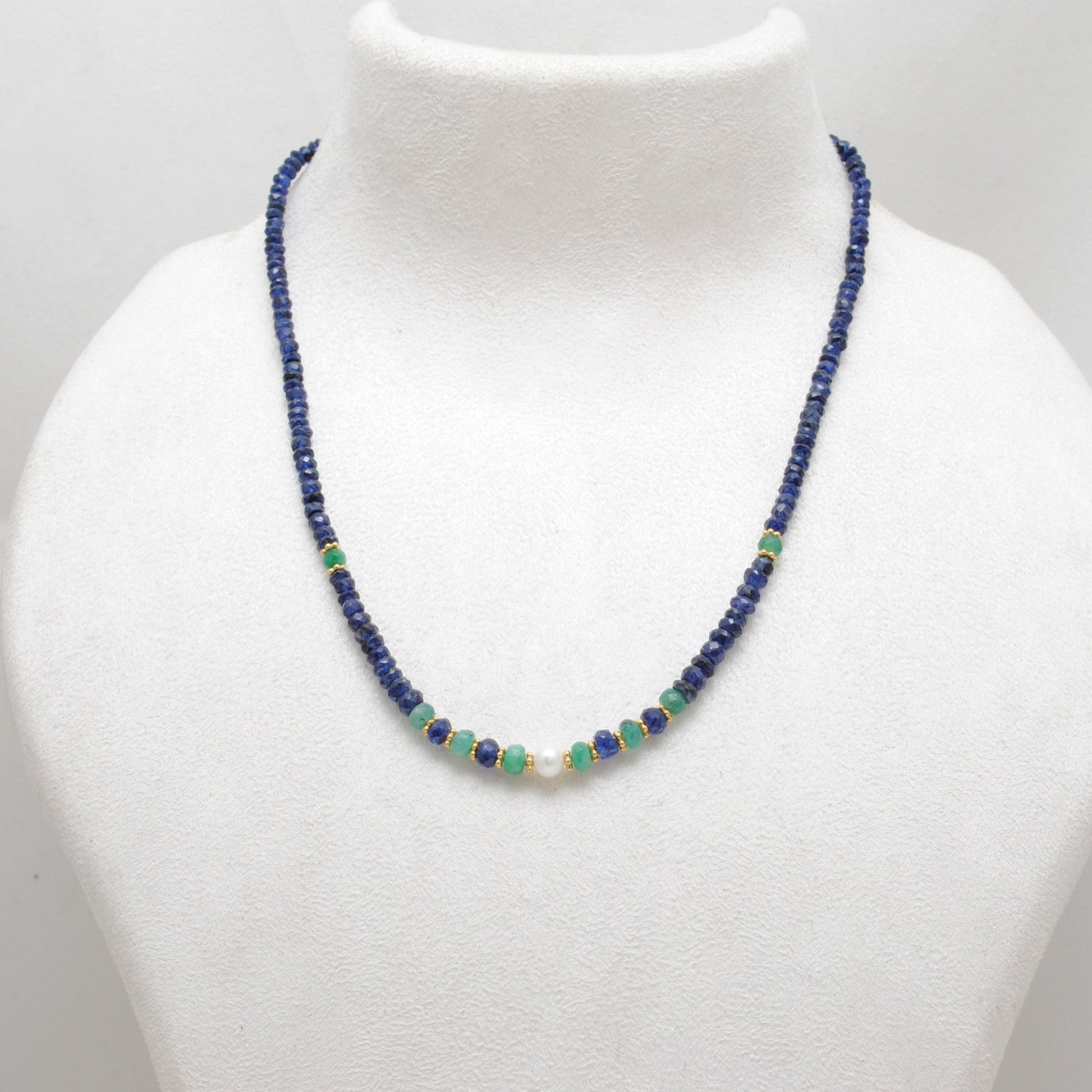 Natural Emerald Blue Sapphire Pearl Beaded Necklace - Front View Handmade