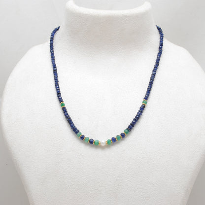 Natural Emerald Blue Sapphire Pearl Beaded Necklace - Front View Handmade