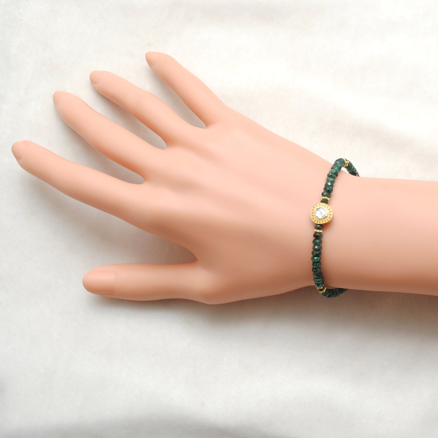 Natural Emerald Diamond Beaded Bracelet - Front View Handmade