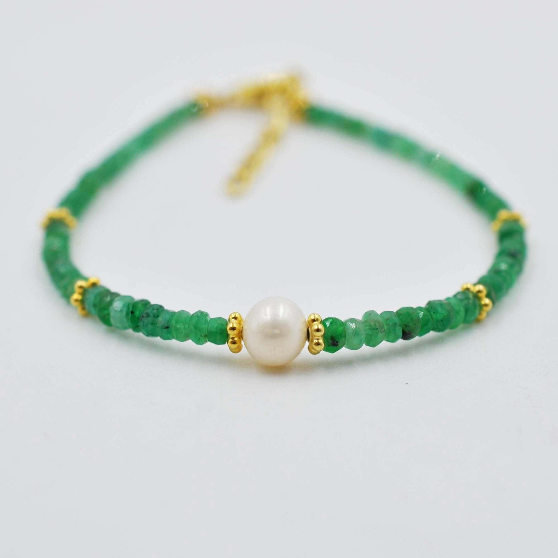 Natural Emerald Faceted Bead Bracelet with Pearl Silver Charm - Front View