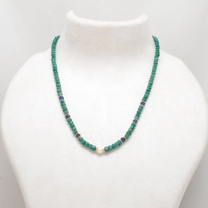 Natural Emerald Rondelle Freshwater Pearl Beaded Necklace - Front View
