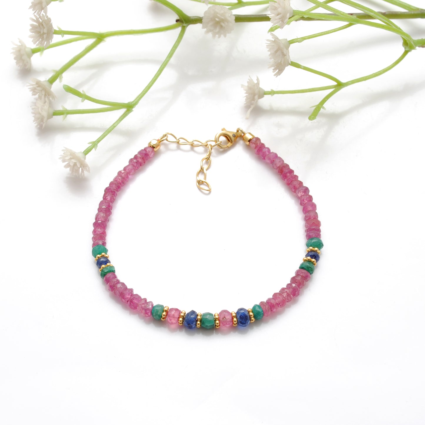 Natural Emerald Ruby Blue Sapphire Beaded Bracelet - Front View
