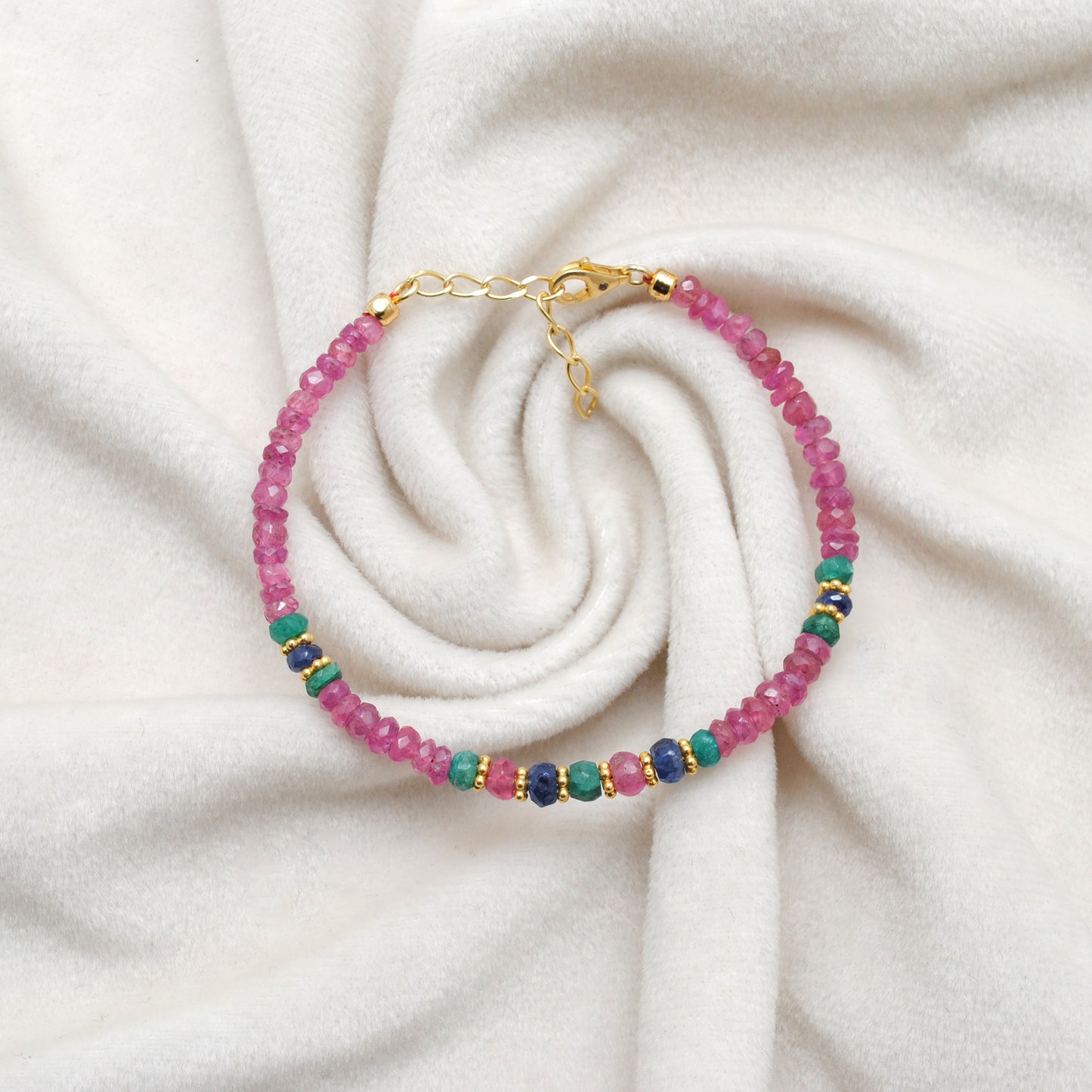 Natural Emerald Ruby Sapphire Bracelet - Overhead View Jaipur
