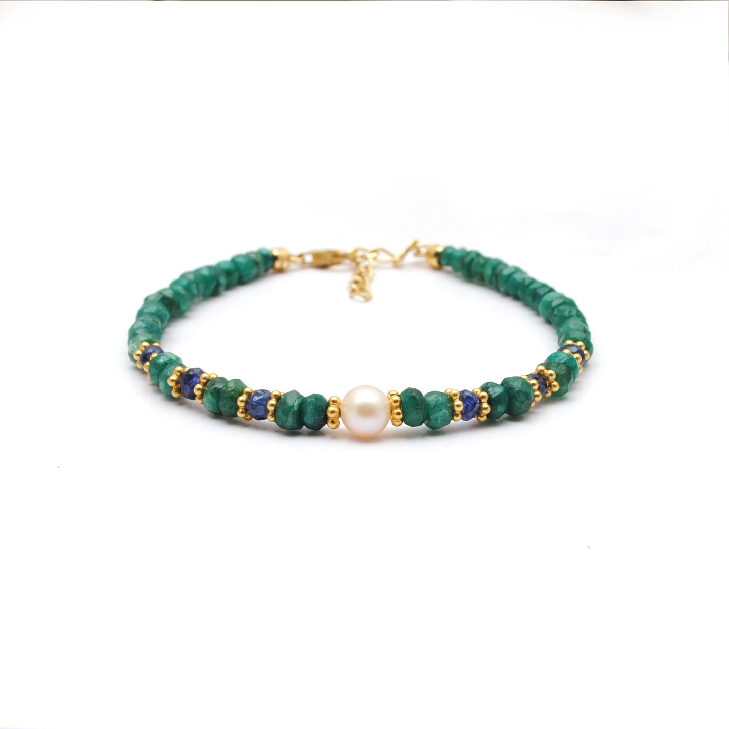 Natural Emerald Sapphire Pearl Bracelet - Overhead View Jaipur