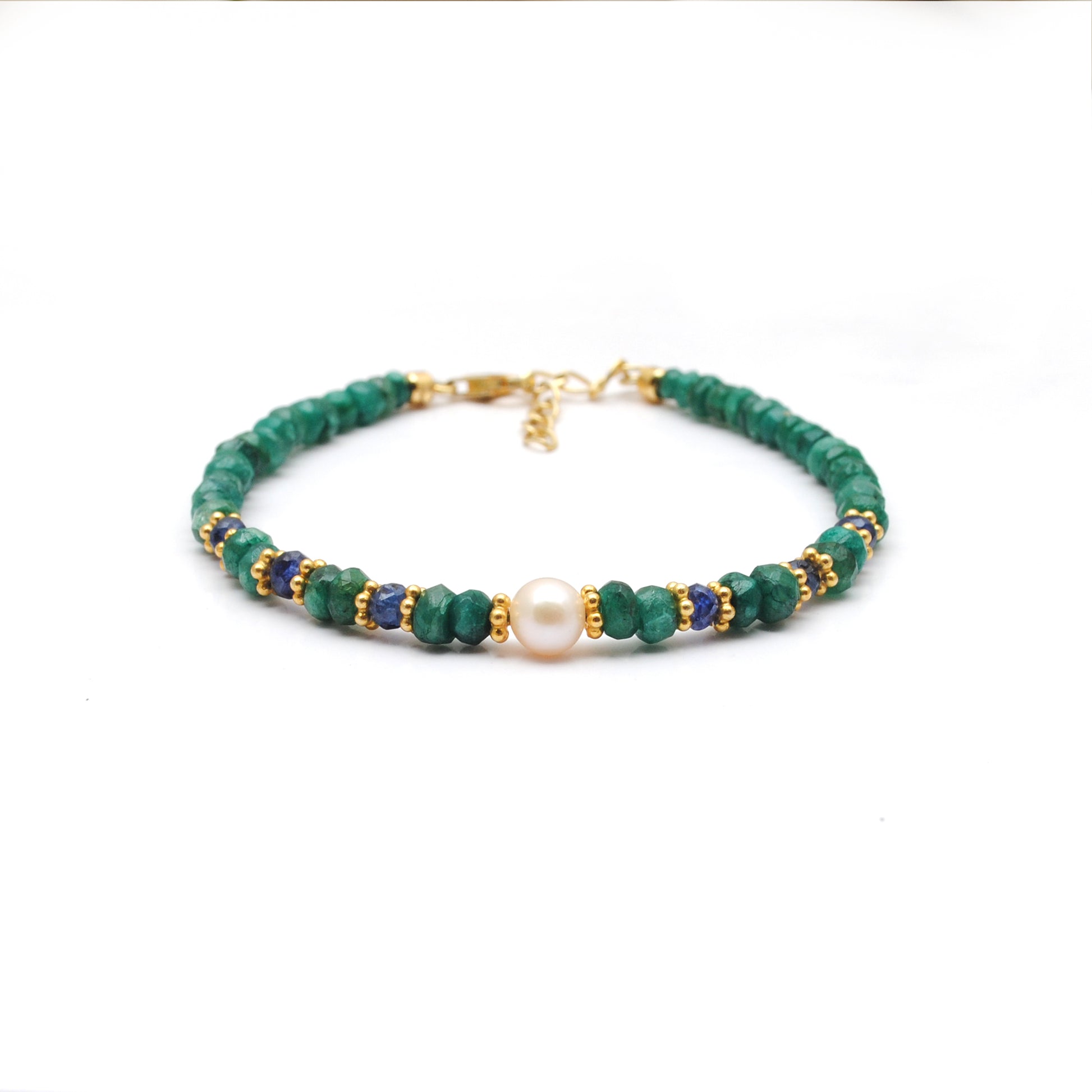 Natural Emerald Sapphire Pearl Bracelet - Overhead View Jaipur